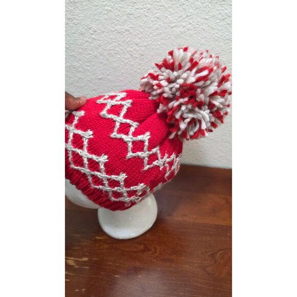 American Eagle Unisex Knit Winter Beanie Hat With Pom Pom Red & White Geometric - Picture 3 of 5